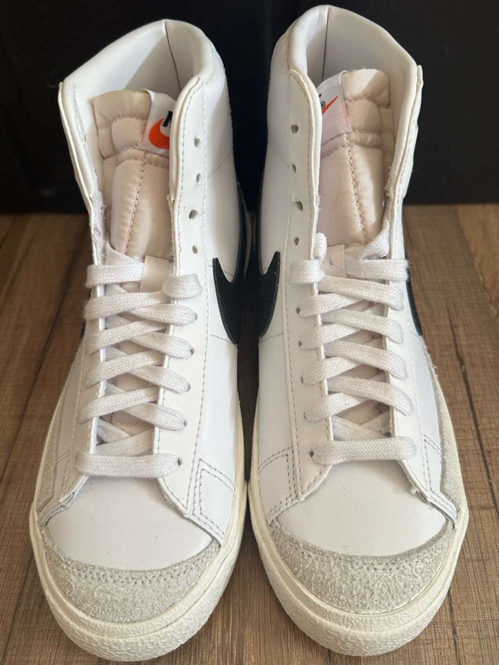 Nike White & Black High-Top Leather Sneakers with Orange Tongue Accent
